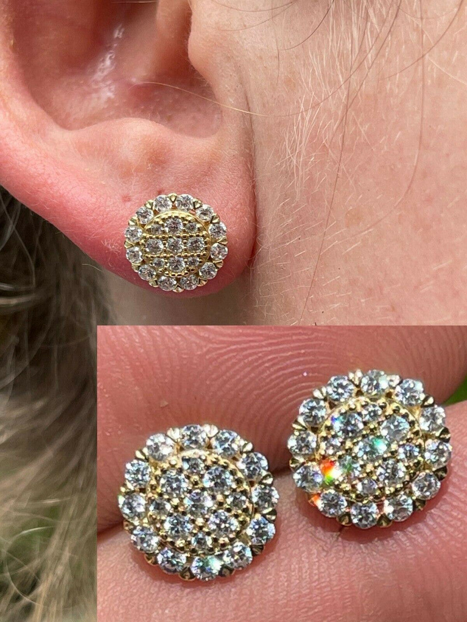 HarlemBling Real 14k Gold Vermeil 925 Silver Iced CZ Out Mens Ladies Hip Hop Earrings Large