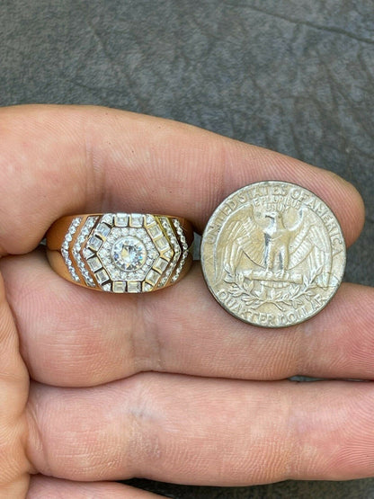 HarlemBling Real 14k Gold Vermeil 925 Silver Out Iced Diamond Hip Hop Solitaire Ring Mens