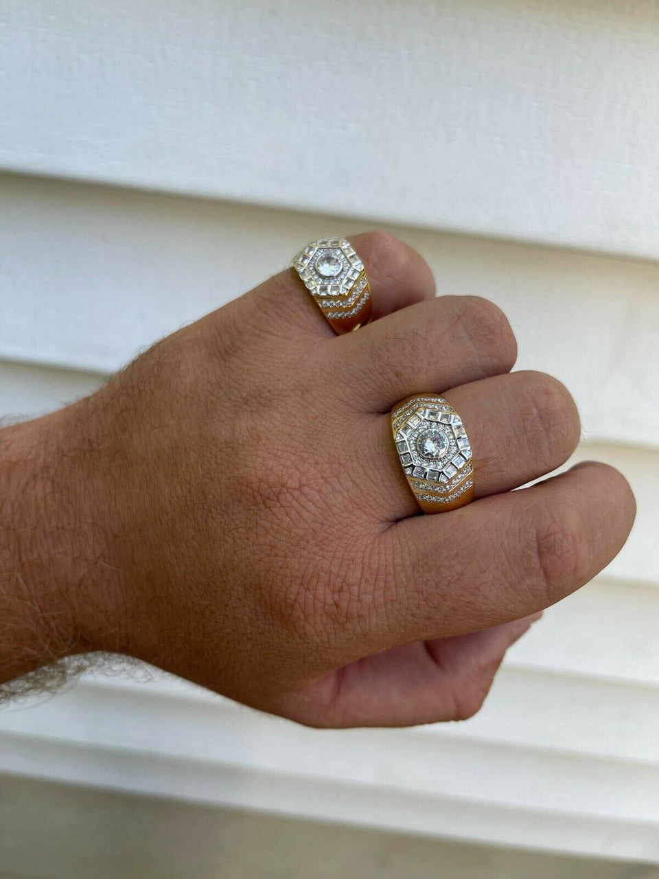 HarlemBling Real 14k Gold Vermeil 925 Silver Out Iced Diamond Hip Hop Solitaire Ring Mens