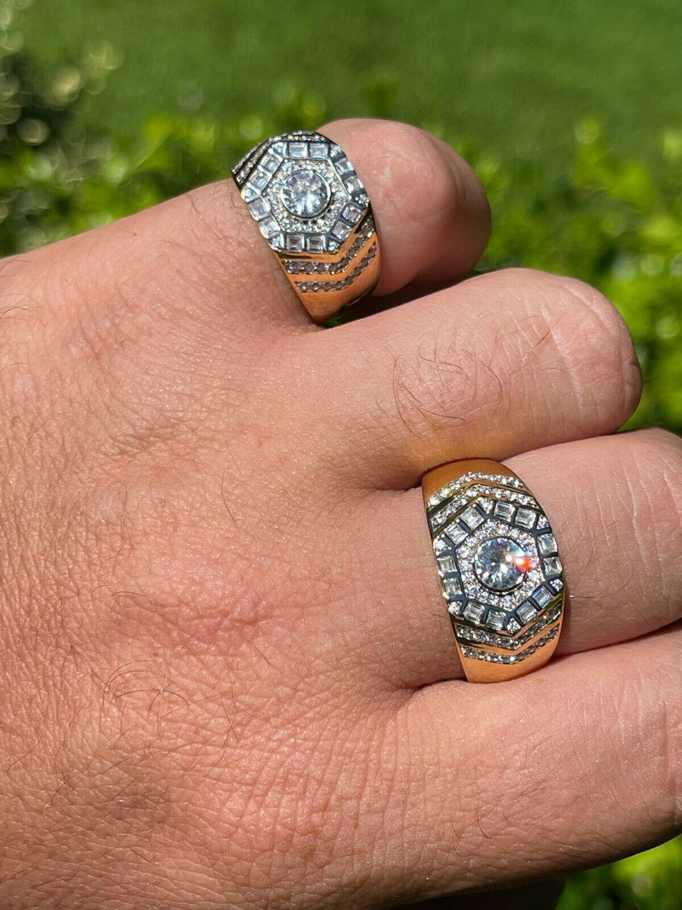 HarlemBling Real 14k Gold Vermeil 925 Silver Out Iced Diamond Hip Hop Solitaire Ring Mens