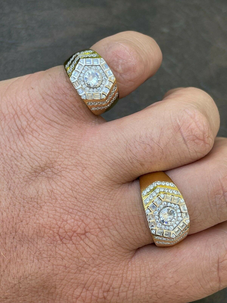 HarlemBling Real 14k Gold Vermeil 925 Silver Out Iced Diamond Hip Hop Solitaire Ring Mens