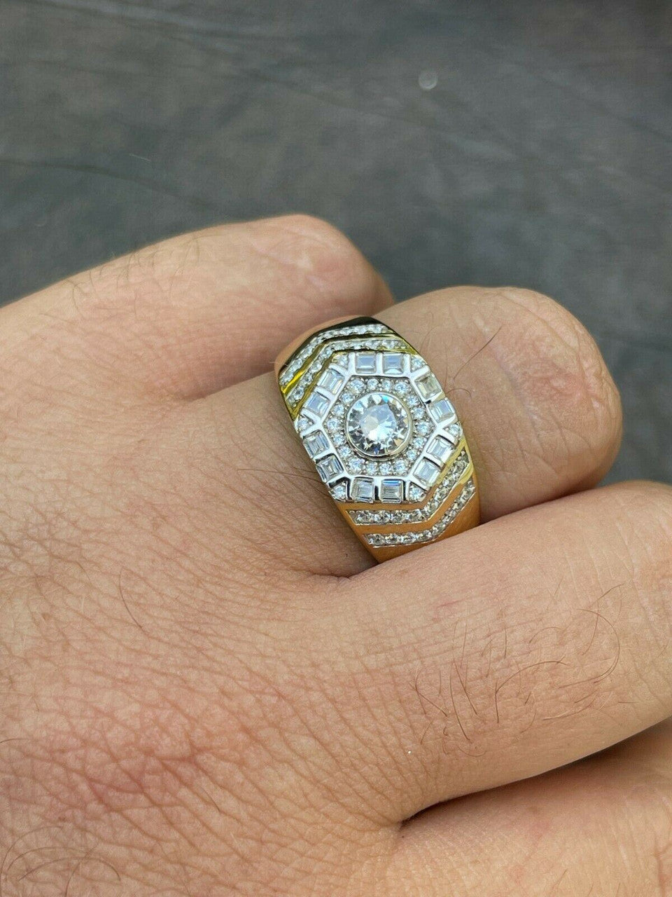 HarlemBling Real 14k Gold Vermeil 925 Silver Out Iced Diamond Hip Hop Solitaire Ring Mens