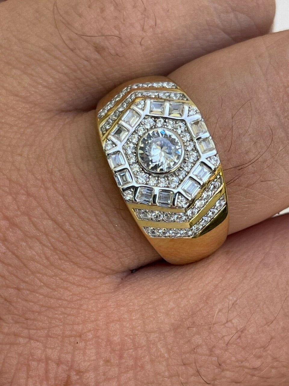 HarlemBling Real 14k Gold Vermeil 925 Silver Out Iced Diamond Hip Hop Solitaire Ring Mens