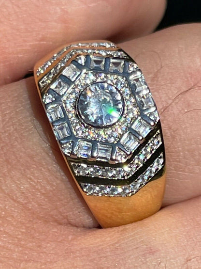HarlemBling Real 14k Gold Vermeil 925 Silver Out Iced Diamond Hip Hop Solitaire Ring Mens