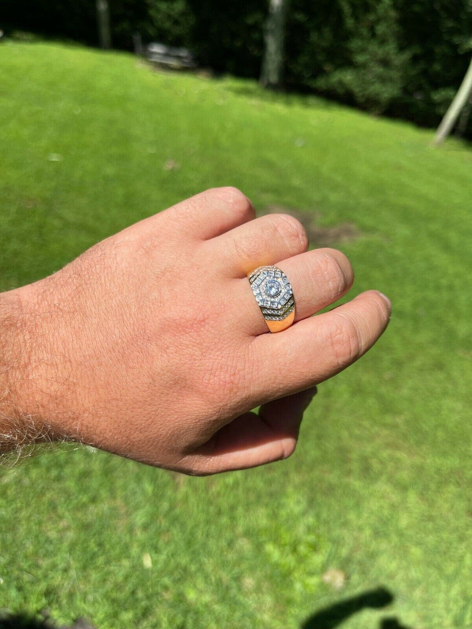 HarlemBling Real 14k Gold Vermeil 925 Silver Out Iced Diamond Hip Hop Solitaire Ring Mens