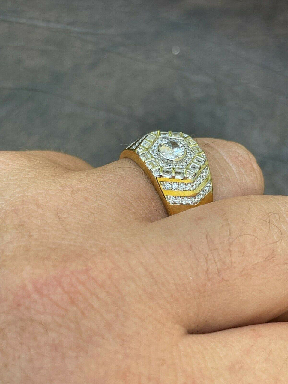 HarlemBling Real 14k Gold Vermeil 925 Silver Out Iced Diamond Hip Hop Solitaire Ring Mens