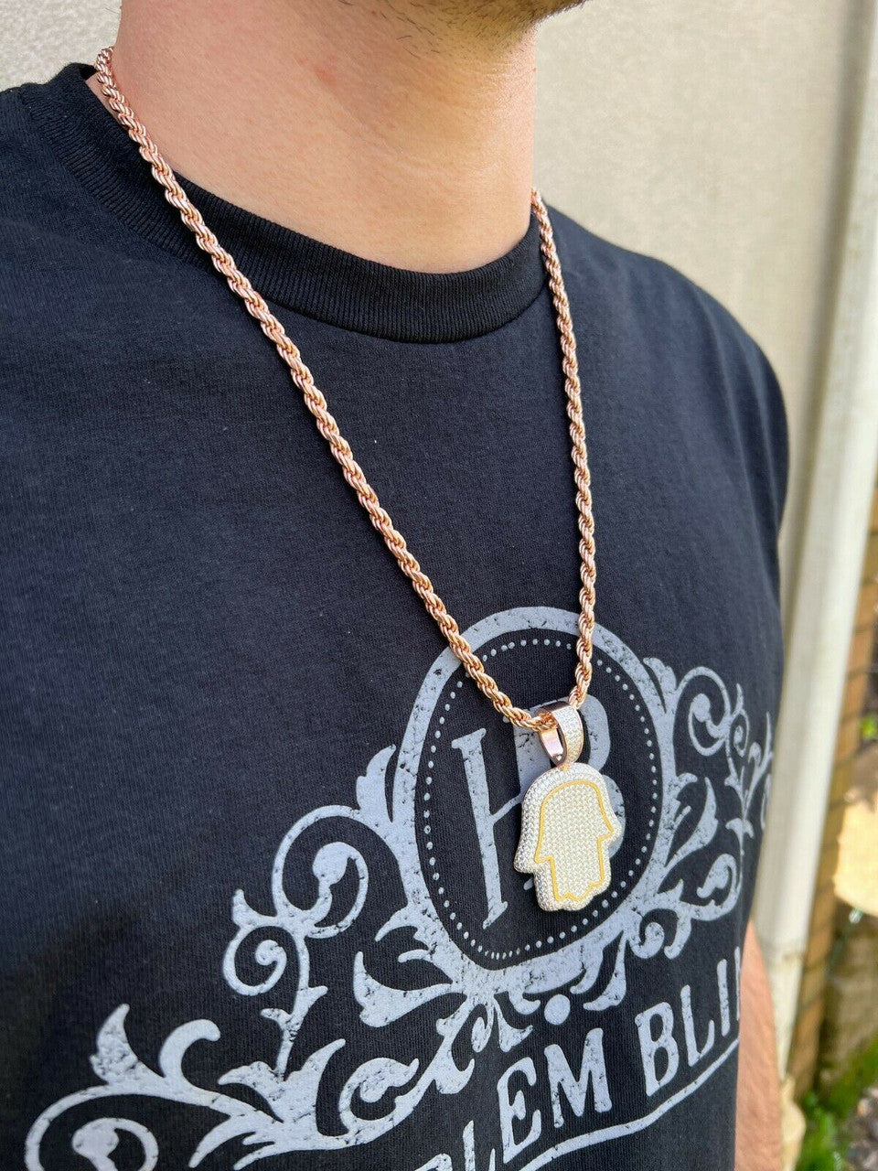 HarlemBling Real 14k Rose Gold Over 925 Silver Hamsa Hand Out Iced Diamond Pendant Necklace