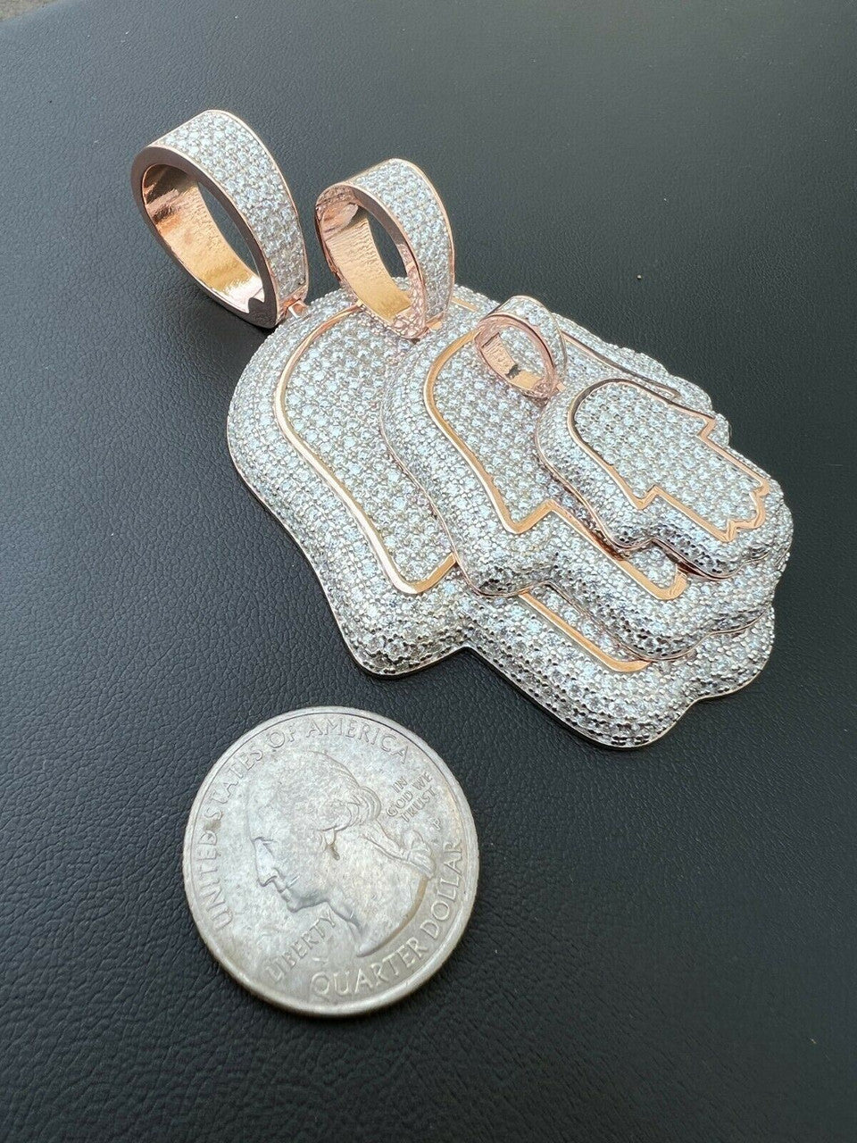 HarlemBling Real 14k Rose Gold Over 925 Silver Hamsa Hand Out Iced Diamond Pendant Necklace