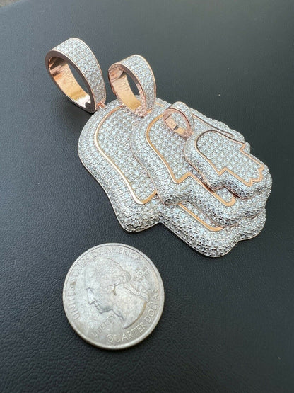HarlemBling Real 14k Rose Gold Over 925 Silver Hamsa Hand Out Iced Diamond Pendant Necklace