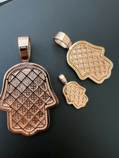 HarlemBling Real 14k Rose Gold Over 925 Silver Hamsa Hand Out Iced Diamond Pendant Necklace