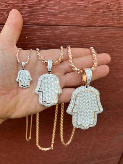 HarlemBling Real 14k Rose Gold Over 925 Silver Hamsa Hand Out Iced Diamond Pendant Necklace