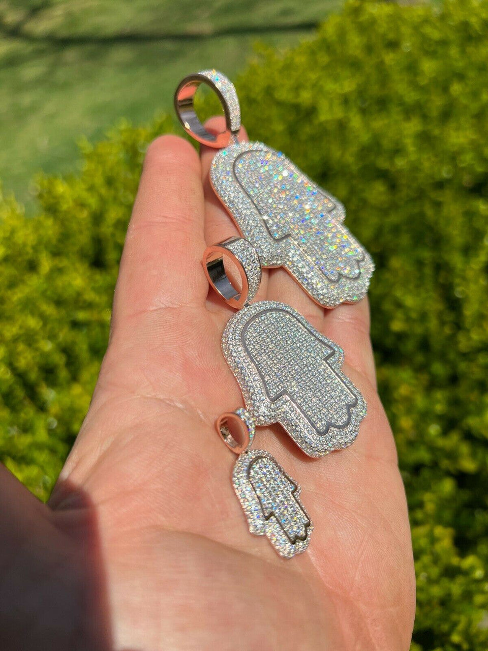 HarlemBling Real 14k Rose Gold Over 925 Silver Hamsa Hand Out Iced Diamond Pendant Necklace