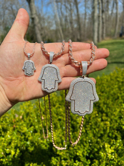 HarlemBling Real 14k Rose Gold Over 925 Silver Hamsa Hand Out Iced Diamond Pendant Necklace