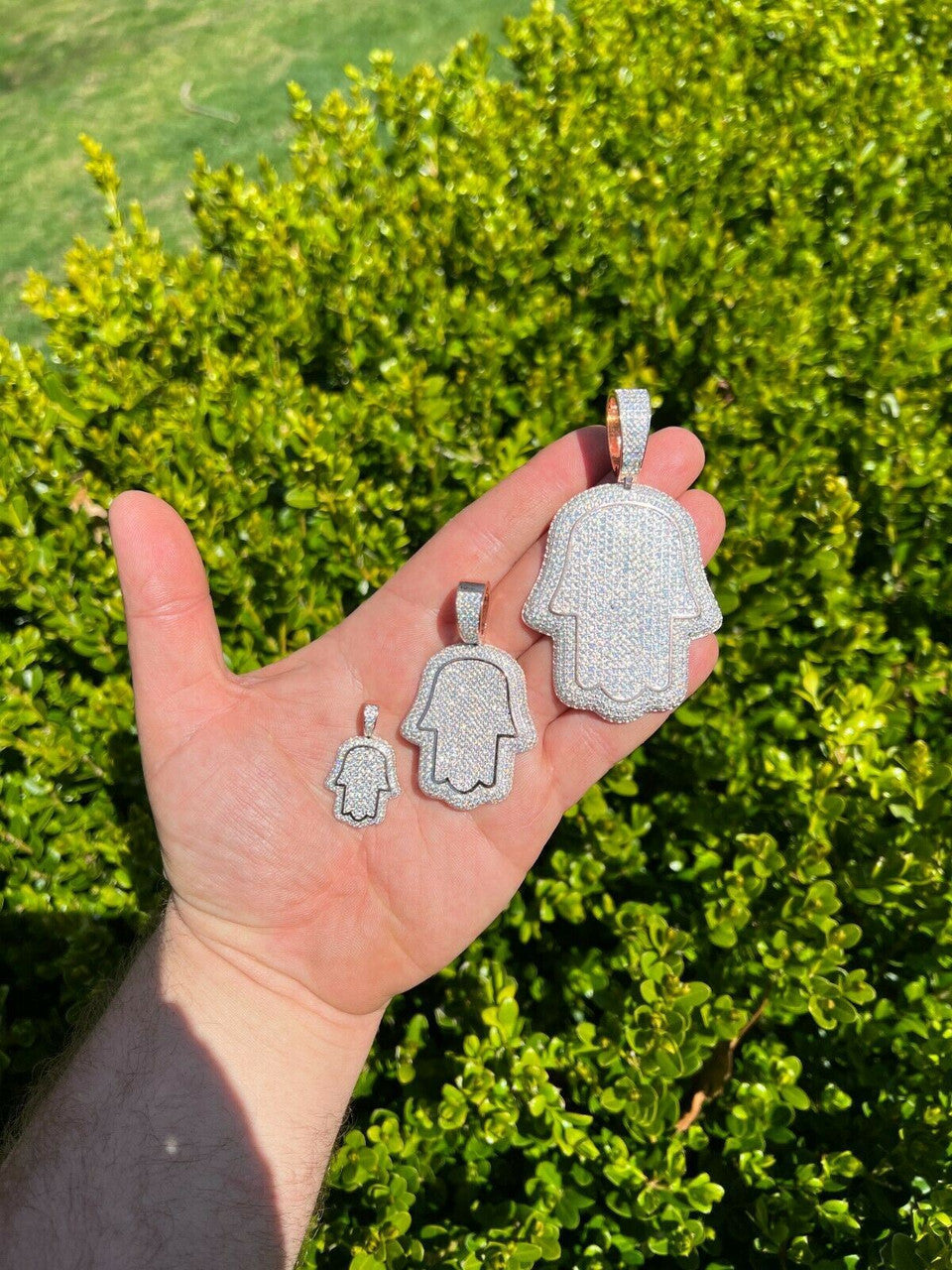 HarlemBling Real 14k Rose Gold Over 925 Silver Hamsa Hand Out Iced Diamond Pendant Necklace