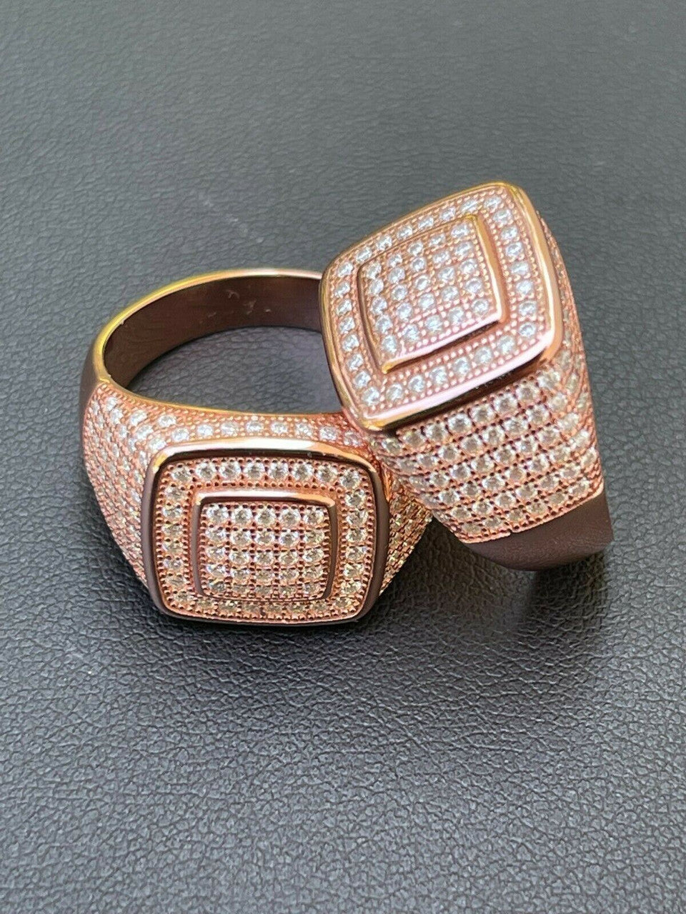 HarlemBling Real 14k Rose Gold Vermeil Men Hip Hop Iced Moissanite Ring Pass Diamond Tester