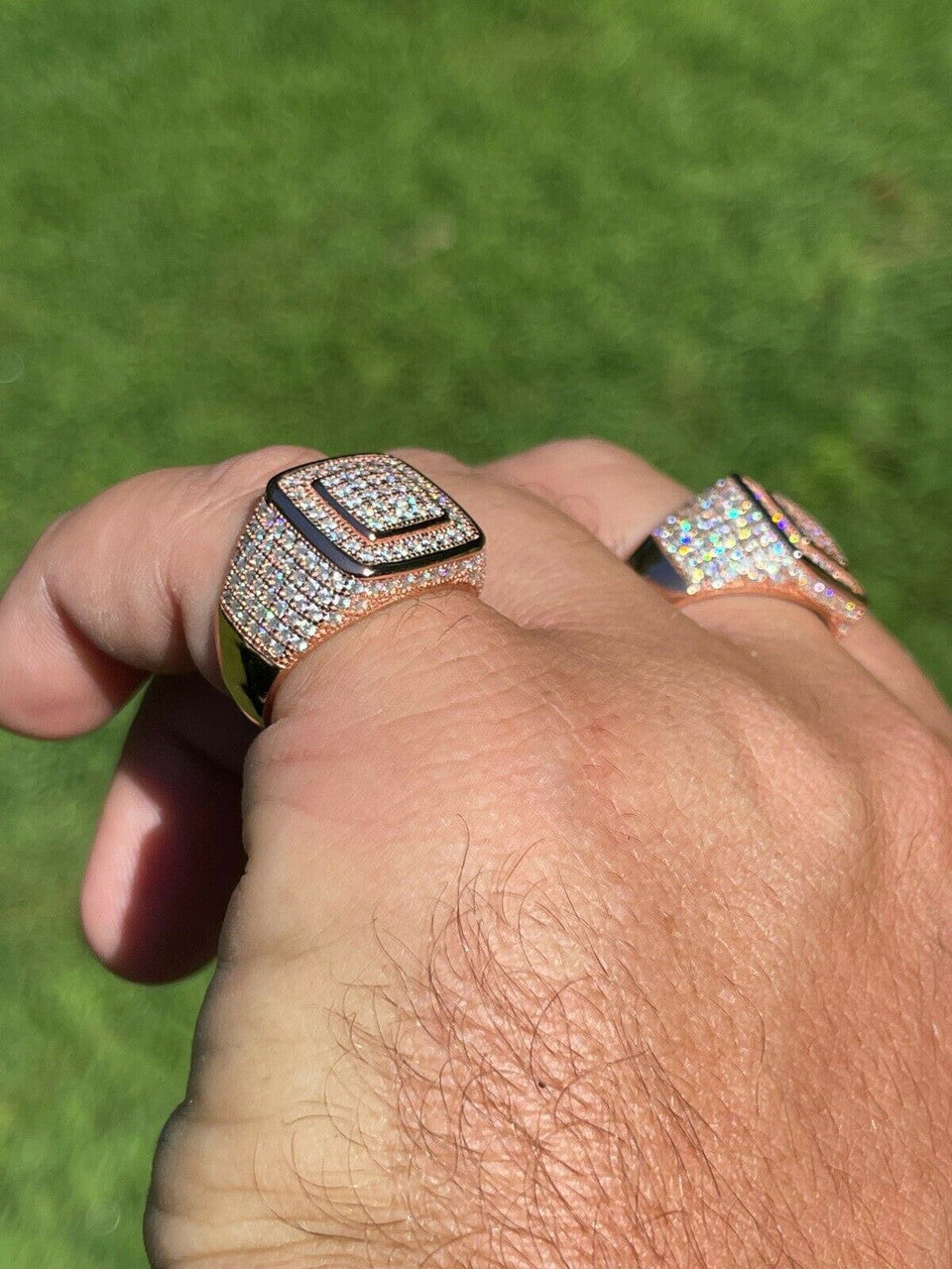 HarlemBling Real 14k Rose Gold Vermeil Men Hip Hop Iced Moissanite Ring Pass Diamond Tester