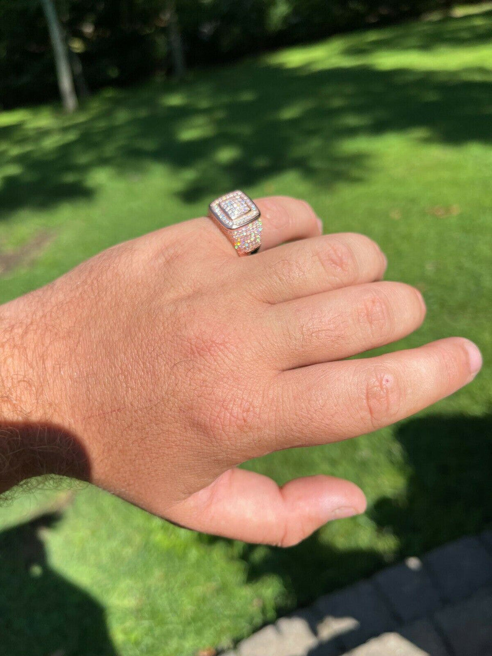 HarlemBling Real 14k Rose Gold Vermeil Men Hip Hop Iced Moissanite Ring Pass Diamond Tester