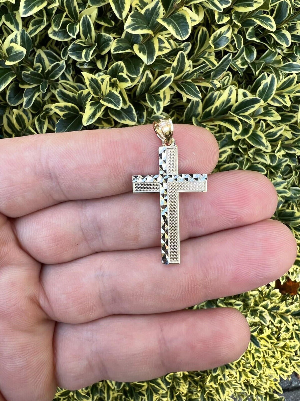 HarlemBling Real 14k Solid Yellow and White Diamond Cut Gold Cross Crucifix Pendant Necklace