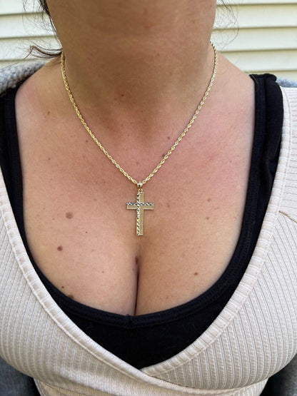 HarlemBling Real 14k Solid Yellow and White Diamond Cut Gold Cross Crucifix Pendant Necklace