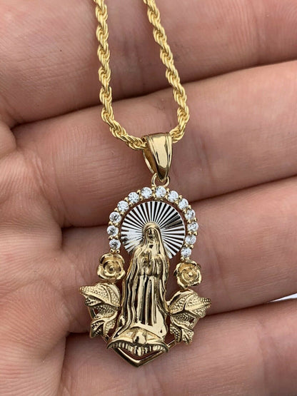 HarlemBling Real 14k Yellow Gold Over 925 Silver Virgin Mary Pendant Iced Hip Hop Men Ladies