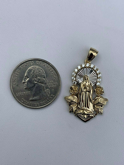 HarlemBling Real 14k Yellow Gold Over 925 Silver Virgin Mary Pendant Iced Hip Hop Men Ladies