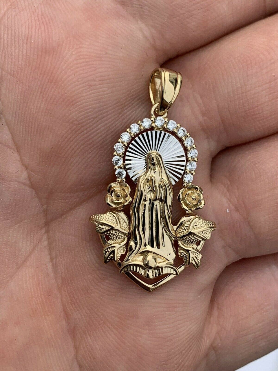 HarlemBling Real 14k Yellow Gold Over 925 Silver Virgin Mary Pendant Iced Hip Hop Men Ladies