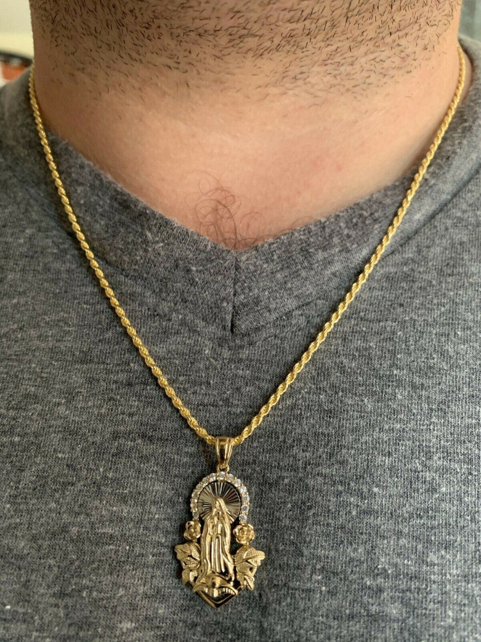 HarlemBling Real 14k Yellow Gold Over 925 Silver Virgin Mary Pendant Iced Hip Hop Men Ladies