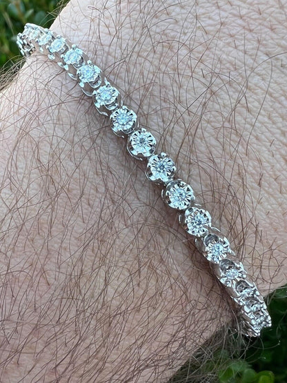 HarlemBling Real 3mm Natural VS D Diamond Illusion Set Tennis Bracelet In 925 Silver 6-8.5"