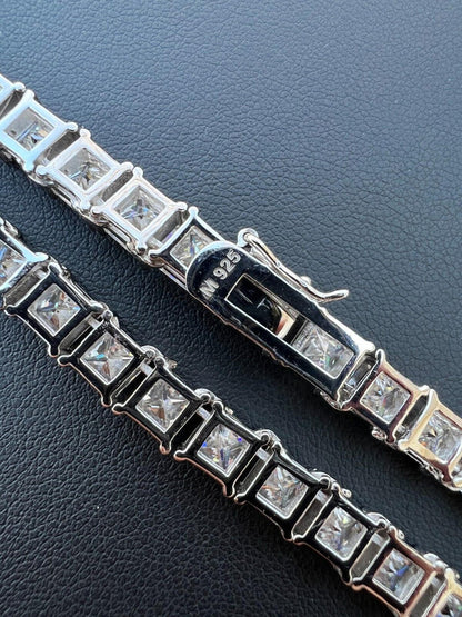HarlemBling REAL 5mm MOISSANITE Princess Cut Square Tennis Chain Necklace Pass Diamond Tester