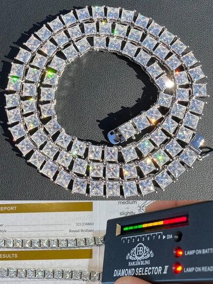 HarlemBling REAL 5mm MOISSANITE Princess Cut Square Tennis Chain Necklace Pass Diamond Tester