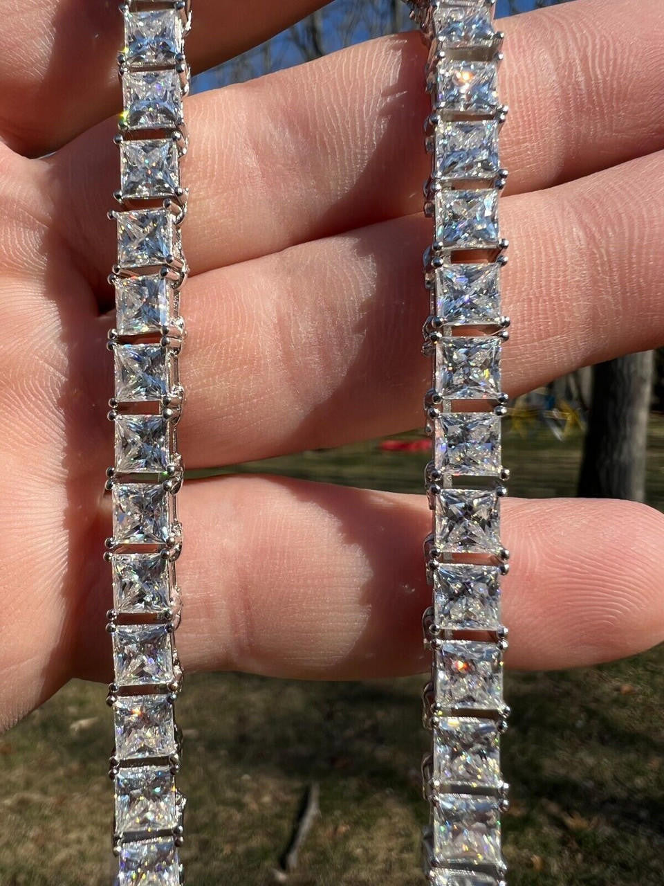 HarlemBling REAL 5mm MOISSANITE Princess Cut Square Tennis Chain Necklace Pass Diamond Tester