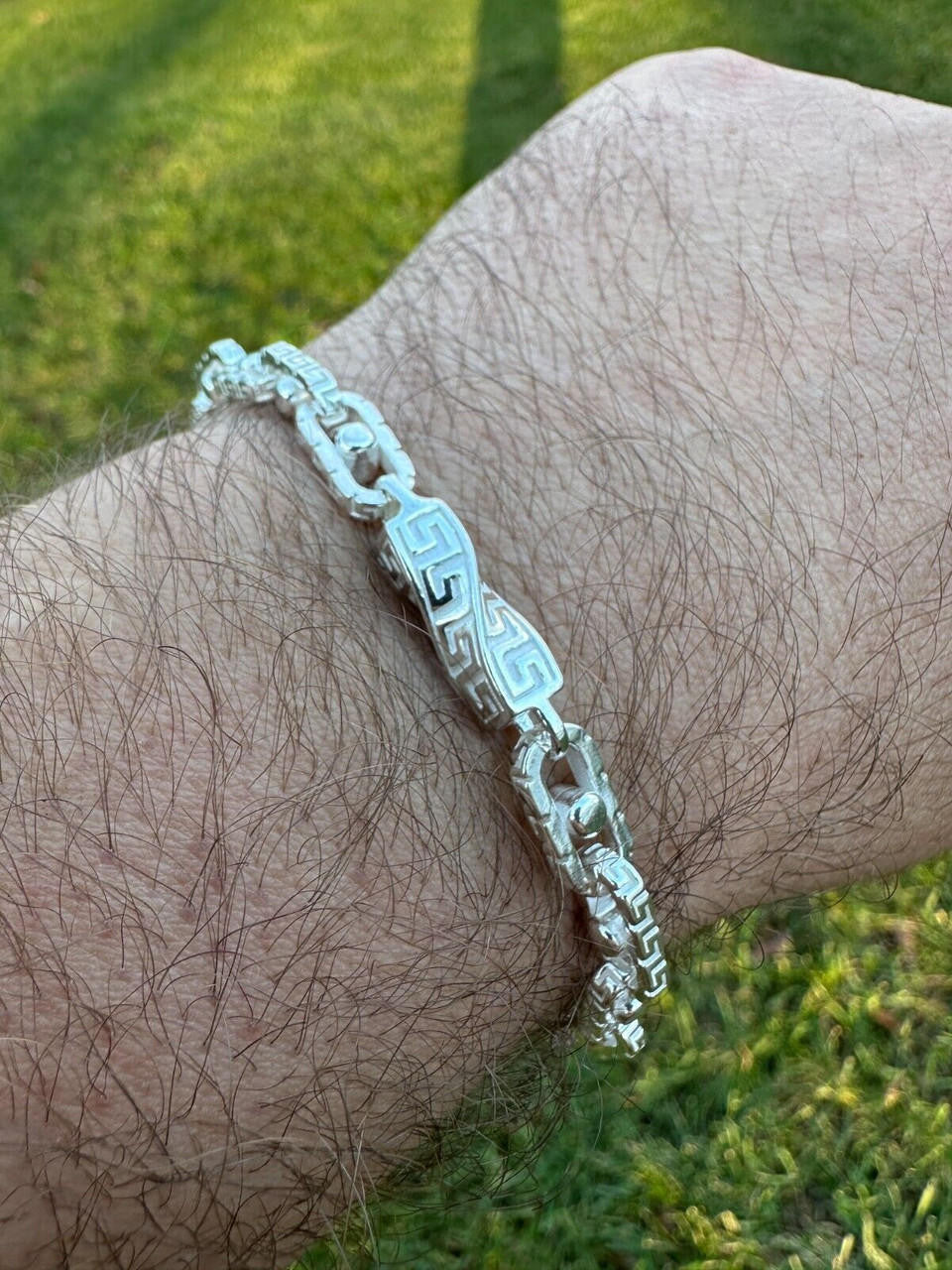 HarlemBling Real 7mm 925 Sterling Silver Custom Greek Key Hermes Rolo Link Chain Bracelet