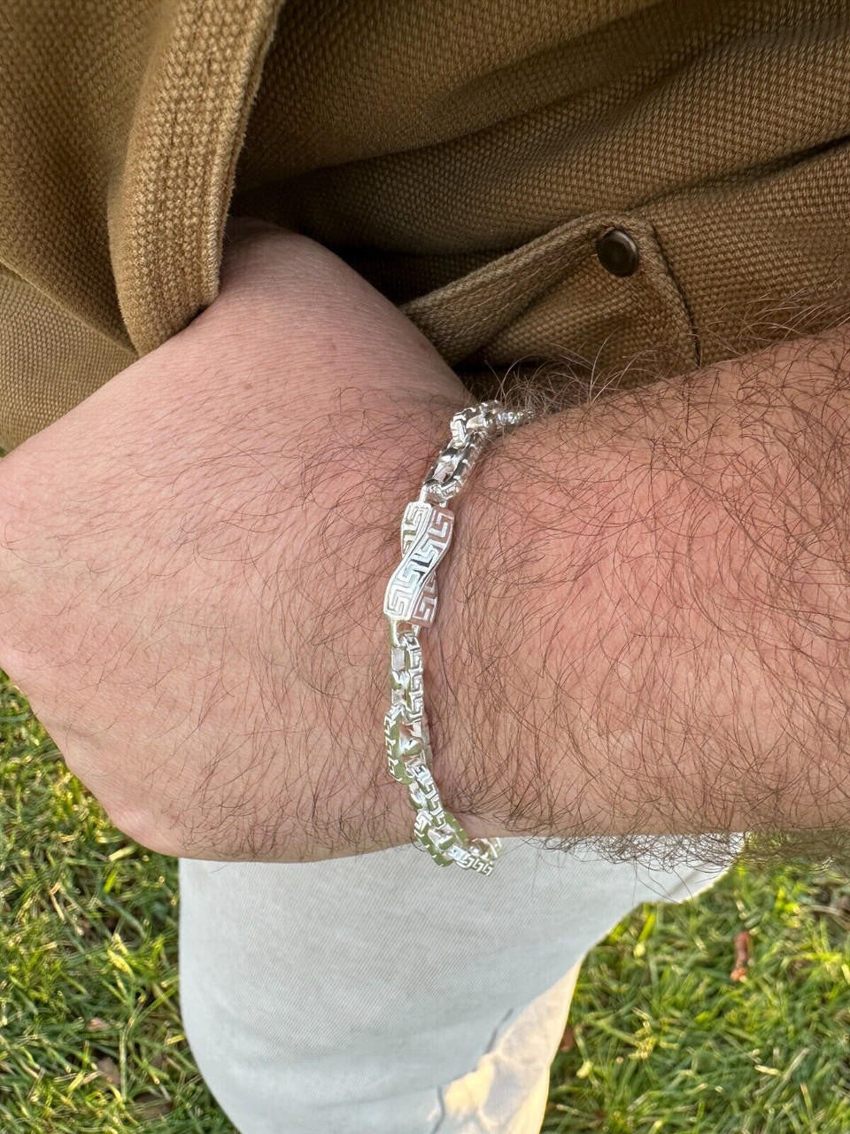 HarlemBling Real 7mm 925 Sterling Silver Custom Greek Key Hermes Rolo Link Chain Bracelet