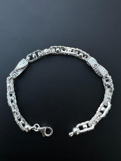 HarlemBling Real 7mm 925 Sterling Silver Custom Greek Key Hermes Rolo Link Chain Bracelet