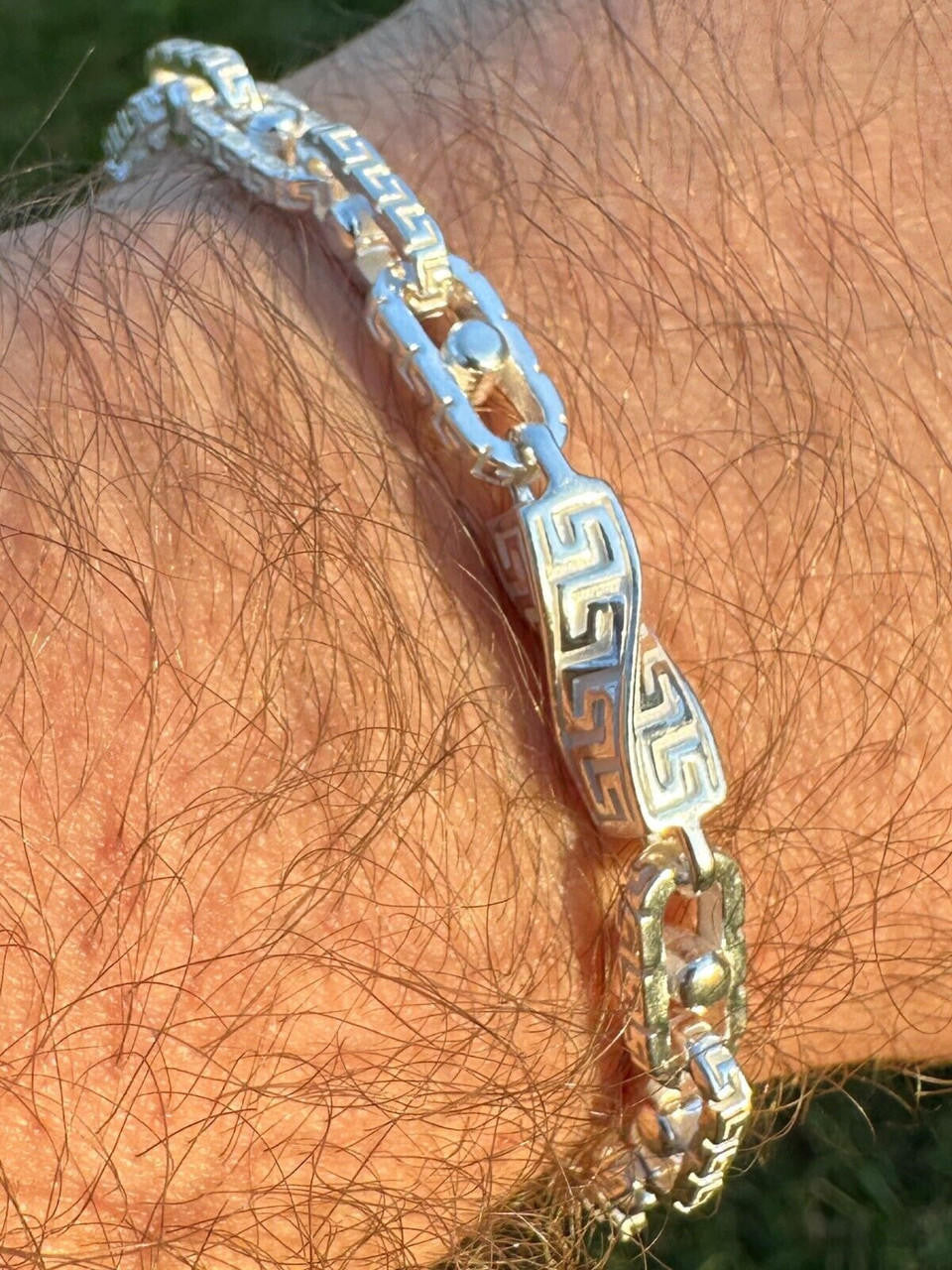 HarlemBling Real 7mm 925 Sterling Silver Custom Greek Key Hermes Rolo Link Chain Bracelet