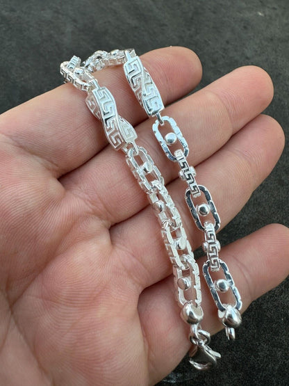 HarlemBling Real 7mm 925 Sterling Silver Custom Greek Key Hermes Rolo Link Chain Bracelet