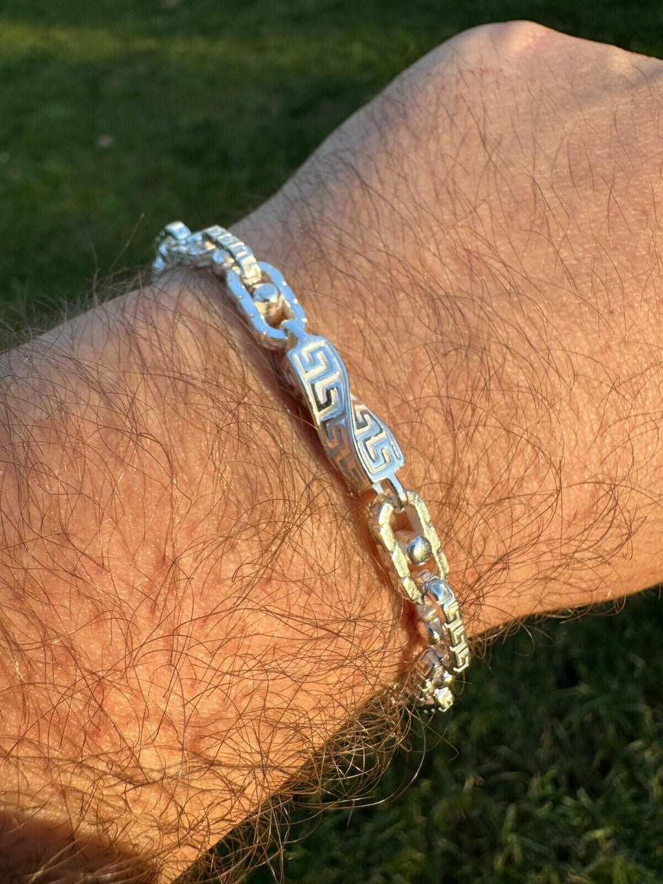 HarlemBling Real 7mm 925 Sterling Silver Custom Greek Key Hermes Rolo Link Chain Bracelet