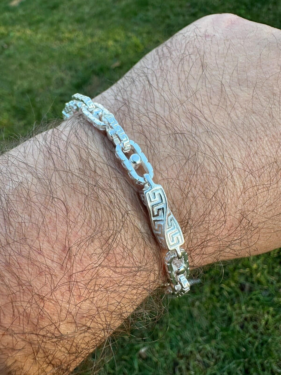 HarlemBling Real 7mm 925 Sterling Silver Custom Greek Key Hermes Rolo Link Chain Bracelet