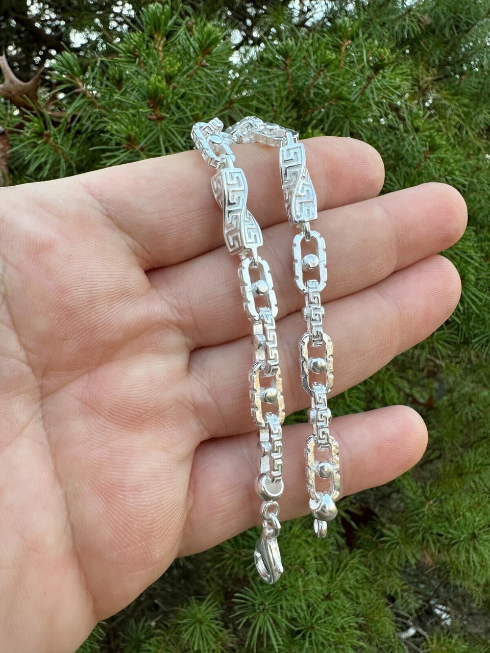 HarlemBling Real 7mm 925 Sterling Silver Custom Greek Key Hermes Rolo Link Chain Bracelet