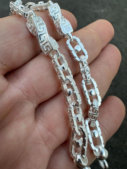 HarlemBling Real 7mm 925 Sterling Silver Custom Greek Key Hermes Rolo Link Chain Bracelet