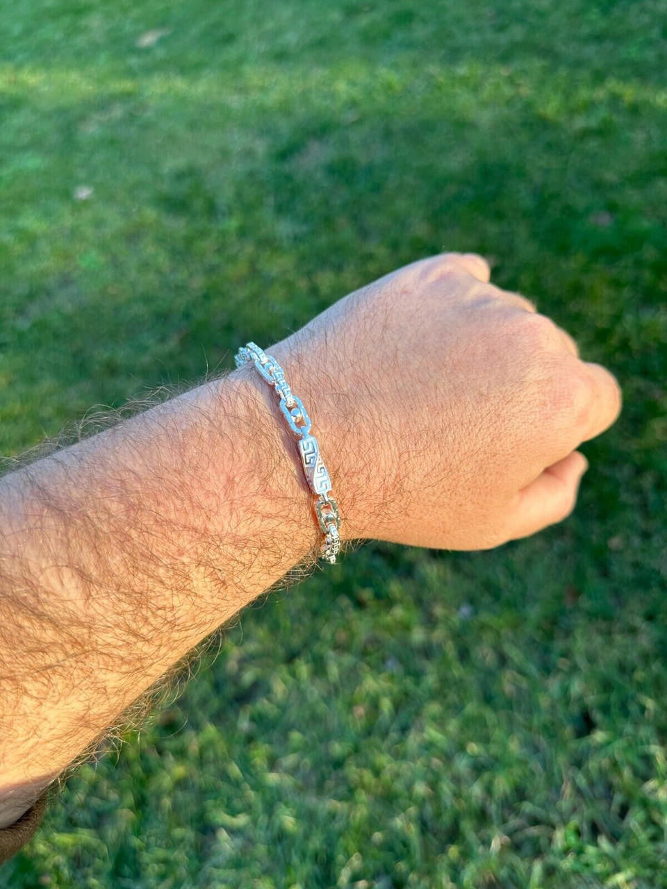 HarlemBling Real 7mm 925 Sterling Silver Custom Greek Key Hermes Rolo Link Chain Bracelet