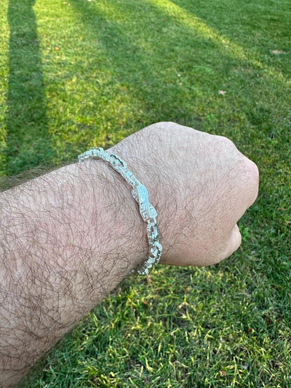 HarlemBling Real 7mm 925 Sterling Silver Custom Greek Key Hermes Rolo Link Chain Bracelet