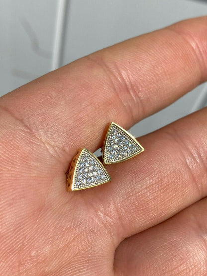 HarlemBling Real 925 Silver 14k Gold Fill Iced Triangle Diamond Hip Hop Earrings Studs 10mm
