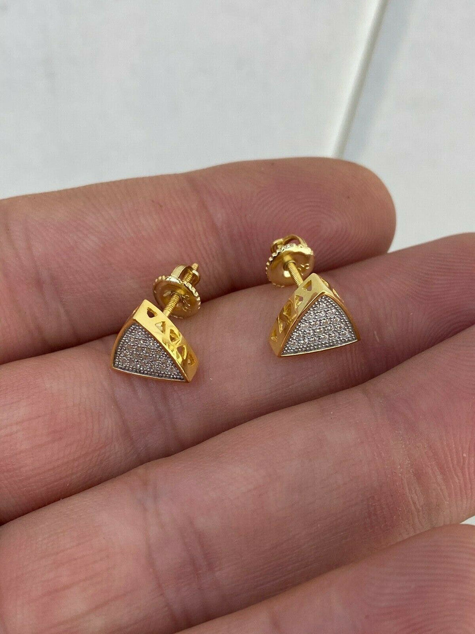 HarlemBling Real 925 Silver 14k Gold Fill Iced Triangle Diamond Hip Hop Earrings Studs 10mm