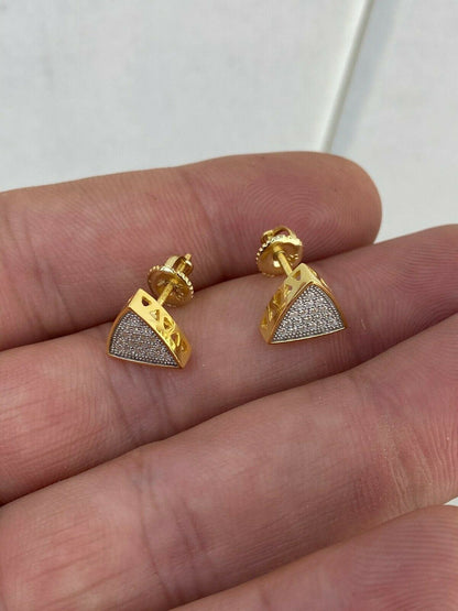 HarlemBling Real 925 Silver 14k Gold Fill Iced Triangle Diamond Hip Hop Earrings Studs 10mm