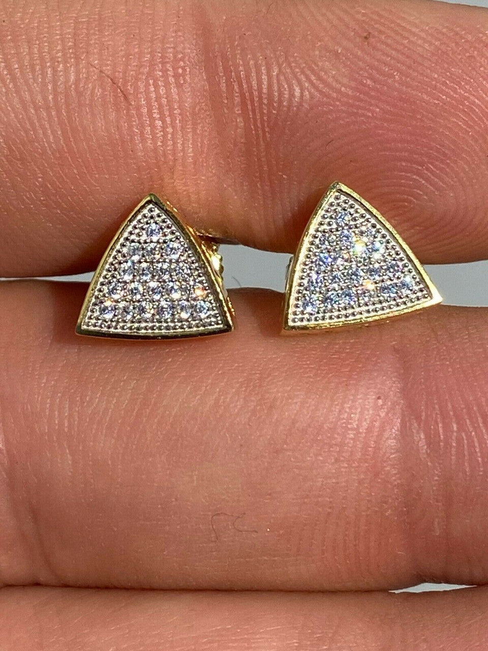HarlemBling Real 925 Silver 14k Gold Fill Iced Triangle Diamond Hip Hop Earrings Studs 10mm