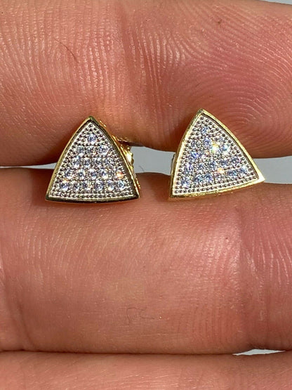 HarlemBling Real 925 Silver 14k Gold Fill Iced Triangle Diamond Hip Hop Earrings Studs 10mm