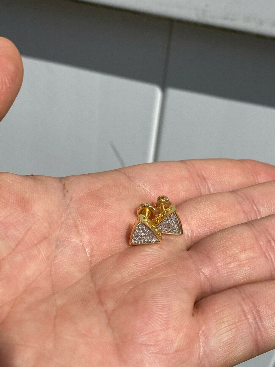 HarlemBling Real 925 Silver 14k Gold Fill Iced Triangle Diamond Hip Hop Earrings Studs 10mm