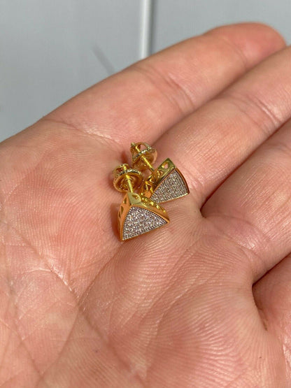 HarlemBling Real 925 Silver 14k Gold Fill Iced Triangle Diamond Hip Hop Earrings Studs 10mm