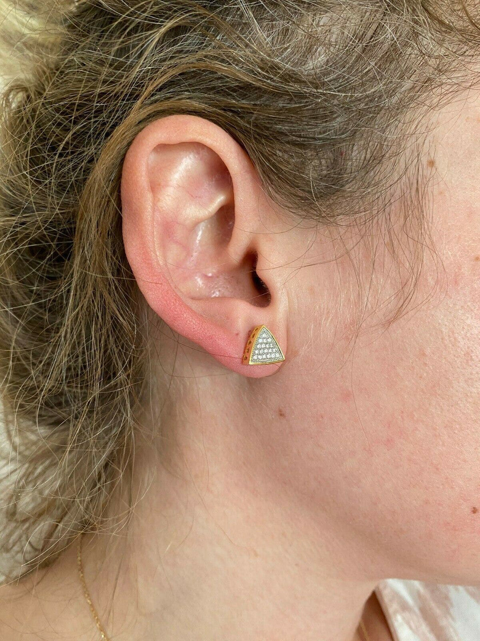 HarlemBling Real 925 Silver 14k Gold Fill Iced Triangle Diamond Hip Hop Earrings Studs 10mm